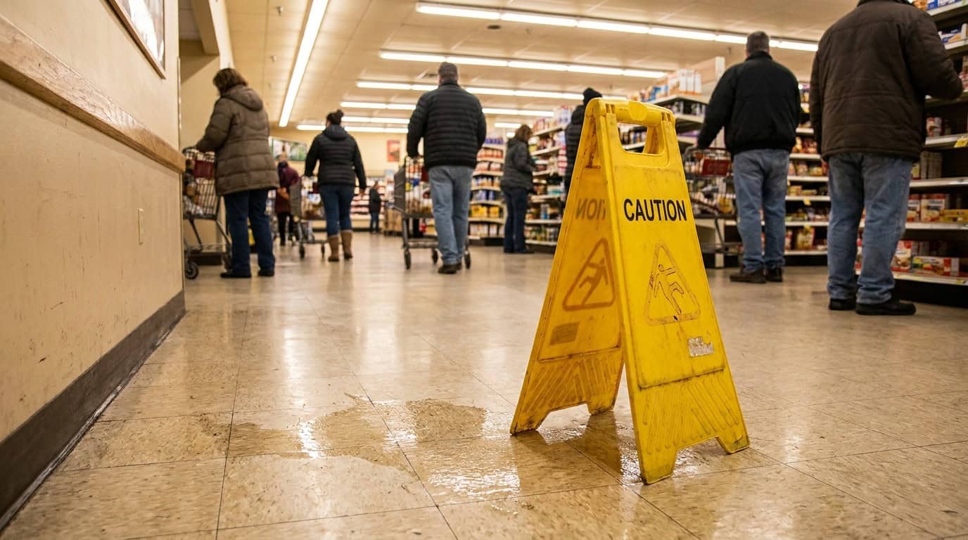 Caution wet floor sign beside puddle in busy grocery store aisle
