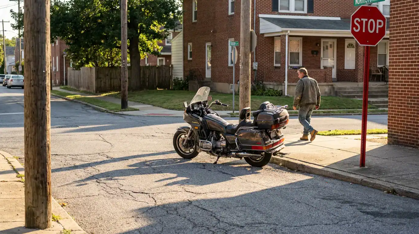 touring motorcycle parked at residential street corner near stop sign with pedestrian