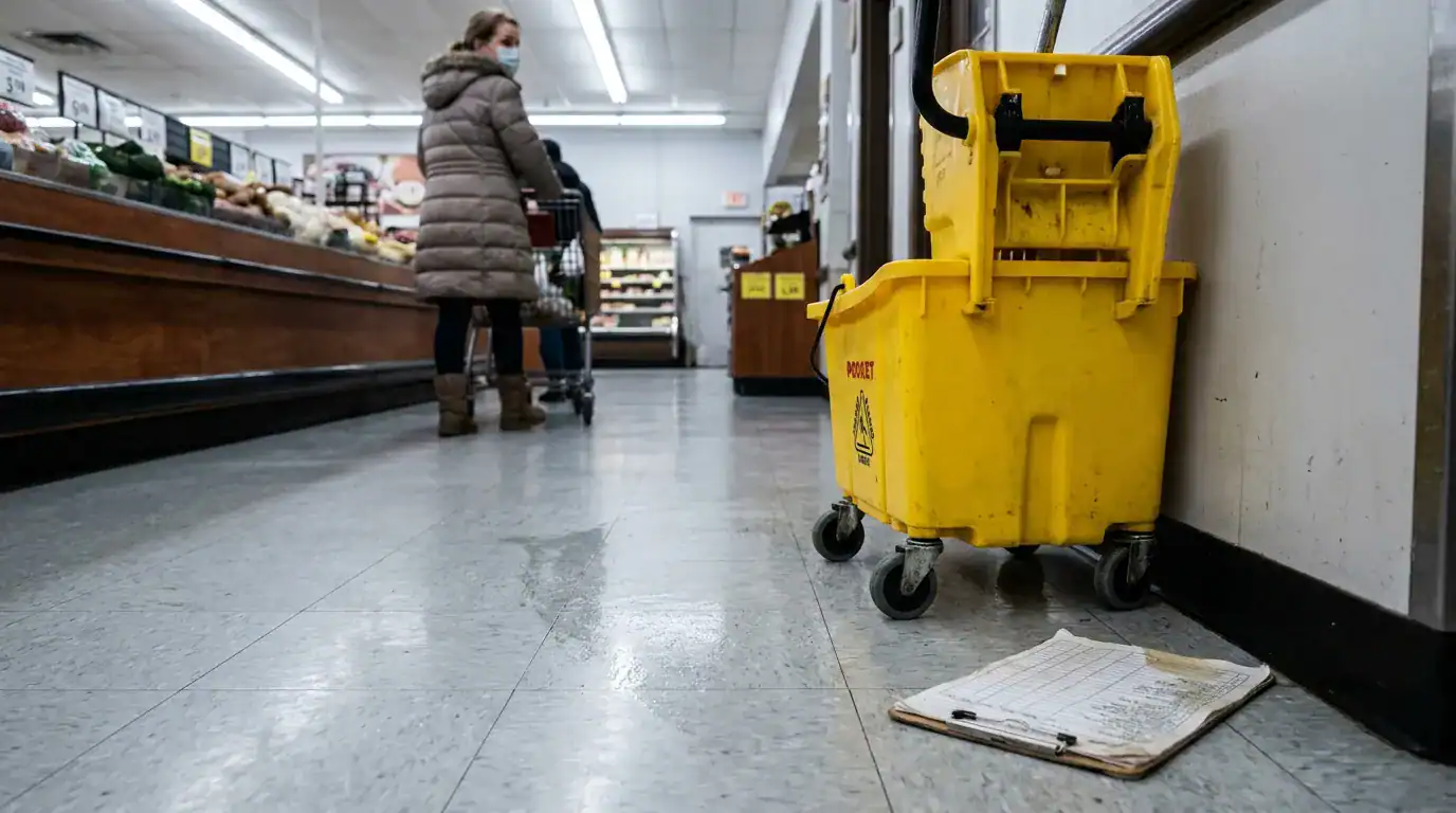 mop bucket and clipboard on grocery store floor near shopper with cart