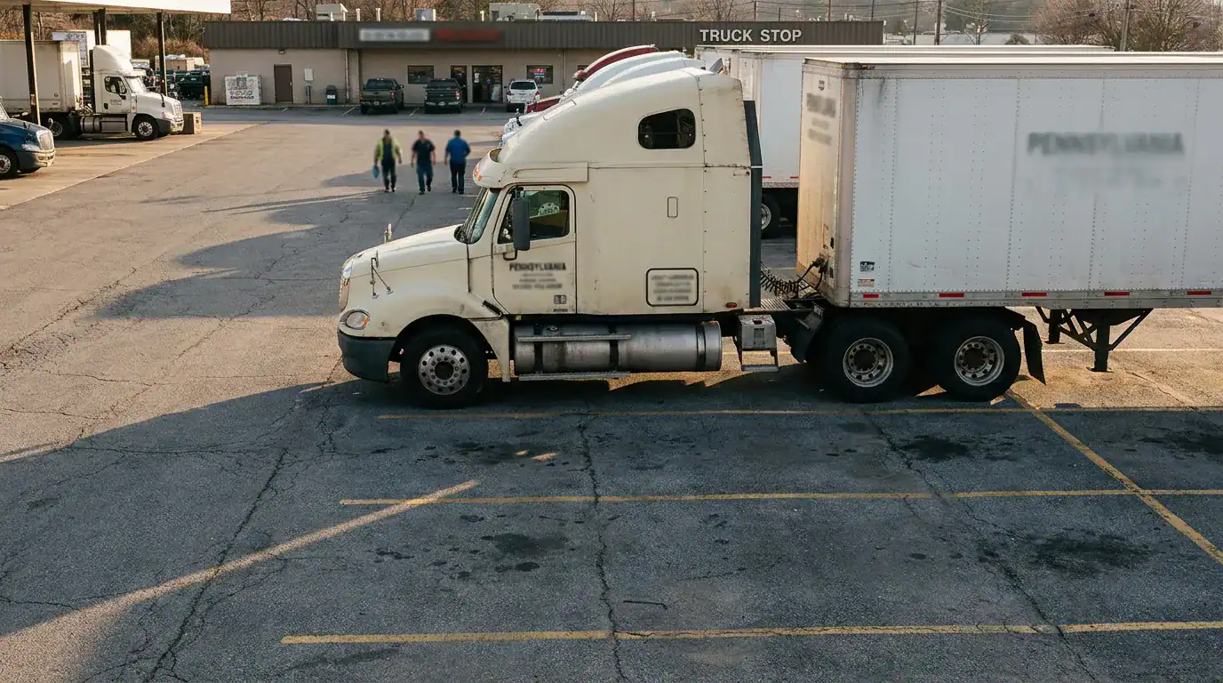 semi-truck with trailer parked at truck stop with pedestrians nearby
