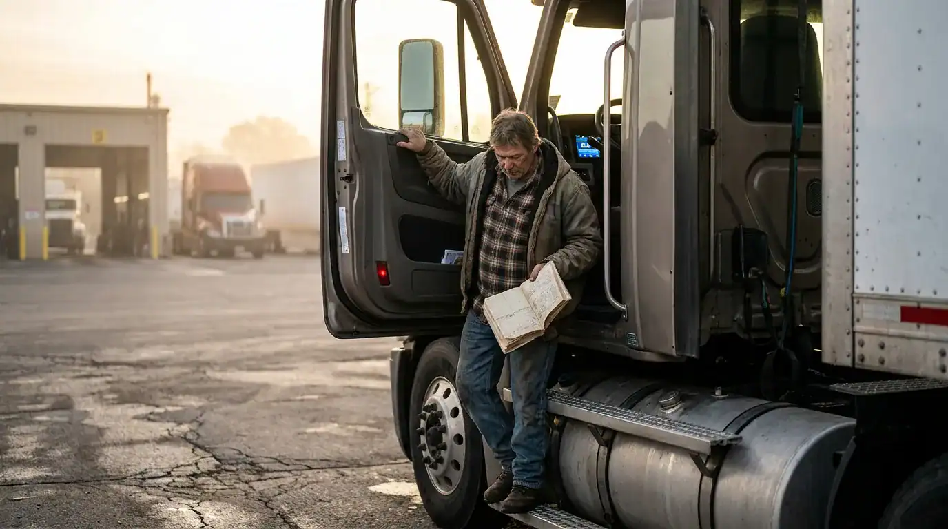truck driver standing beside open cab door reviewing logbook at commercial yard